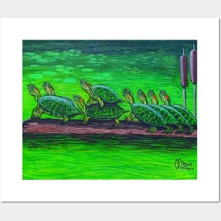 Turtles on a Log Posters and Art